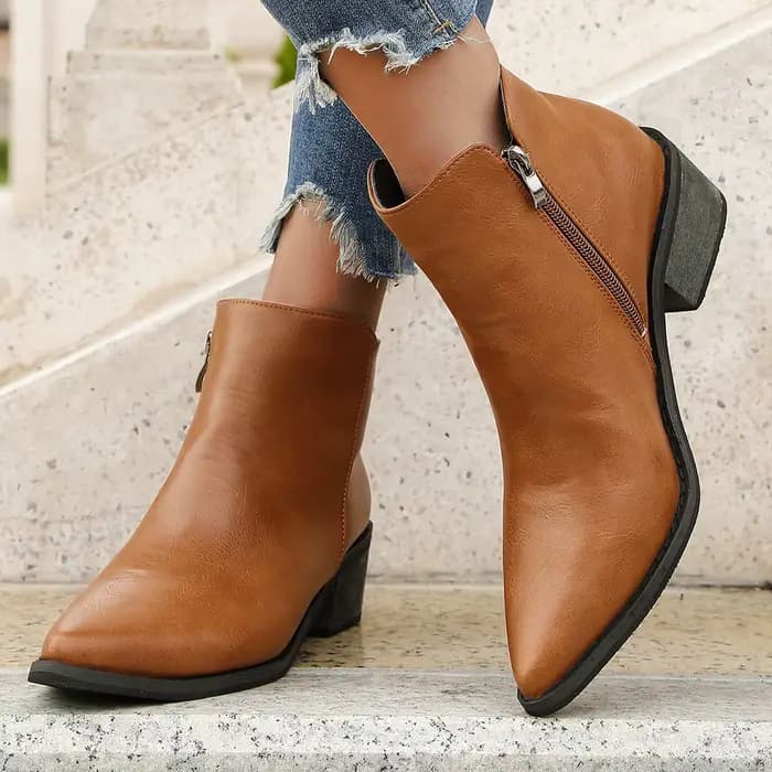 Automne femmes bottines Style rétro bout pointu bottes en cuir solide court baril talon épais bottes occidentales Botines Mujer