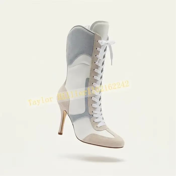 Bottines blanches à lacets pour femmes, bottes à talons hauts et bout pointu, bottes à talons aiguilles, chaussures de mode à blocs de couleurs, chaussures élégantes