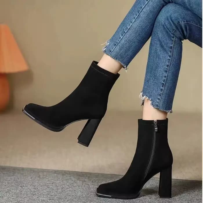 Bottines de luxe en cuir verni pour femmes, bottines à tête carrée avec fermeture éclair latérale, en daim et à talons hauts