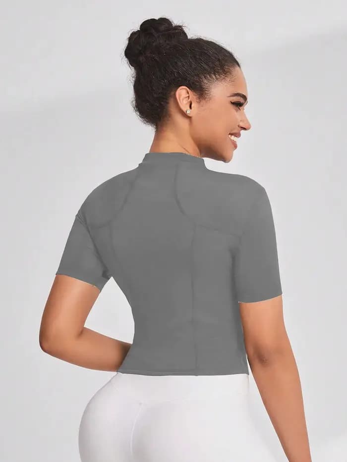 Haut de costume de yoga pour filles, veste haut de gamme à fermeture éclair complète, T-shirt de sport, entraînement, course à pied, manches courtes, été