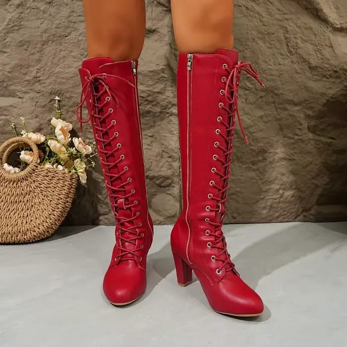 Bottes à lacets surélevées à longues jambes rouges nouvelles bottes hautes aux genoux pour femmes de style étranger résistantes à l'usure