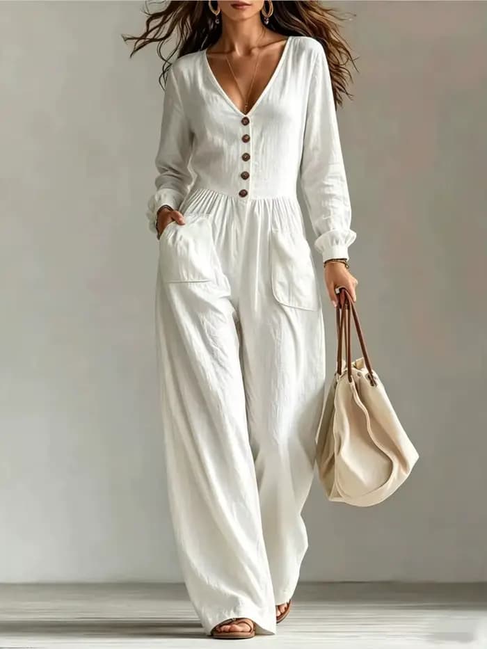 Combinaison blanche pour femme, col en V profond, manches longues, boutonnée sur le devant, jambes larges, décontractée, avec poches, tenue de plage pour les vacances