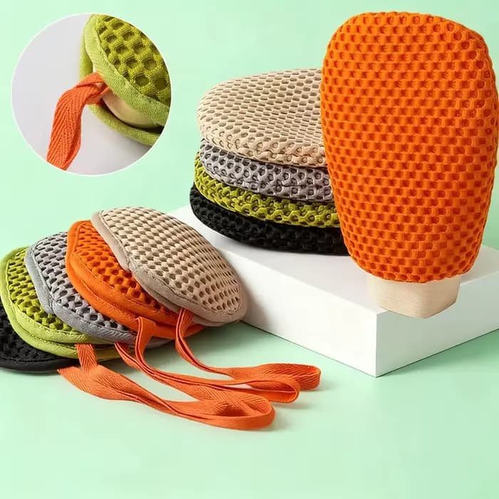 Gant de bain 2-en-1 double face pour éliminer les peaux mortes et la saleté, gant de douche, filet moussant, sac à savon, peut contenir du savon