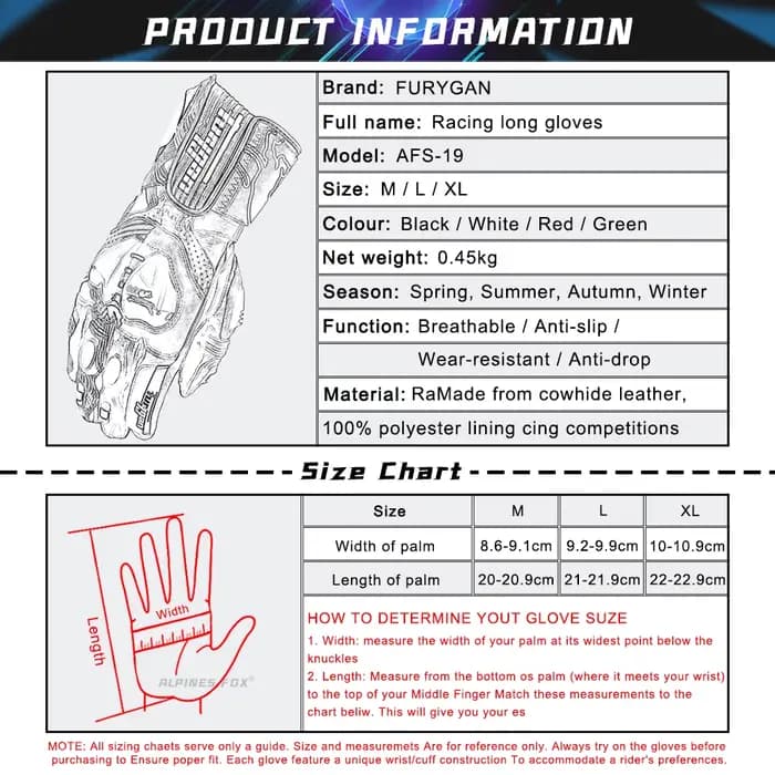 Furygan longs gants de moto en cuir certifié CE