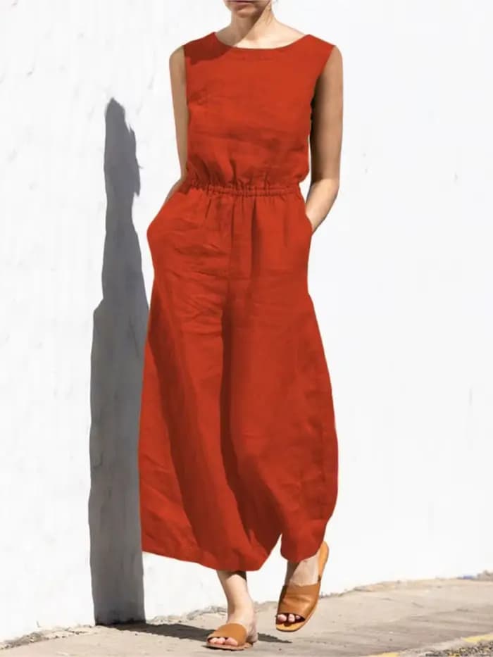 Combinaison en coton et lin pour femmes, élégante, couleur unie, avec boutons, col rond, poche en fibre, taille élastique, vêtements de bureau