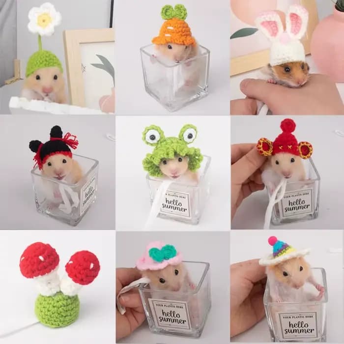 Accessoires pour animaux de compagnie, chapeau de Hamster de dessin animé, doux, fait à la main, tricoté, réglable, petits casquettes pour animaux de compagnie, photographie