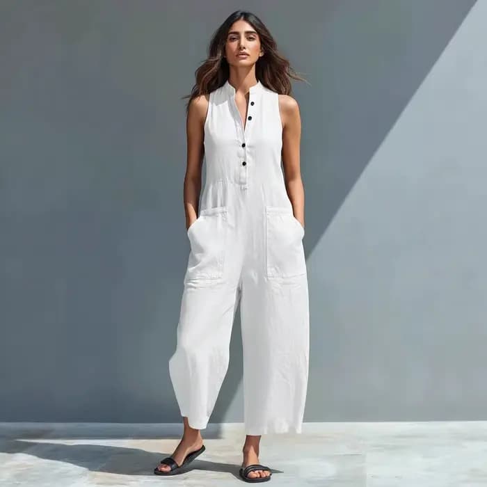 Combinaison en coton et lin pour femme, col montant, sans manches, poches, taille haute, jambes larges, décontractée, pour le quotidien