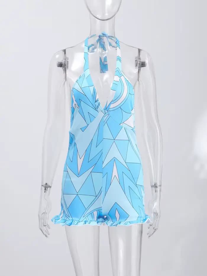 Nouvelle Combinaison Plissée Sans Manches à Col V Imprimée Sexy pour Femme, Dos Nu, Style Halter, Idéale pour la Plage et les Vacances d'Été 2026