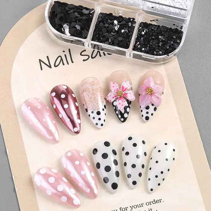Accessoires de nail art à pois noirs et blancs scintillants, nail art rétro à motifs floraux et paillettes, paillettes rondes polyvalentes DIY