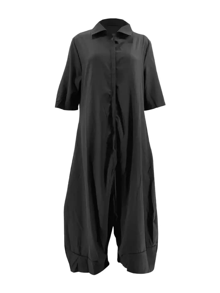 Combinaison grande taille pour femmes, Business décontracté, col de chemise noir, manches 3/4, poches, pantalon sarouel, barboteuse, simple boutonnage, tenues amples