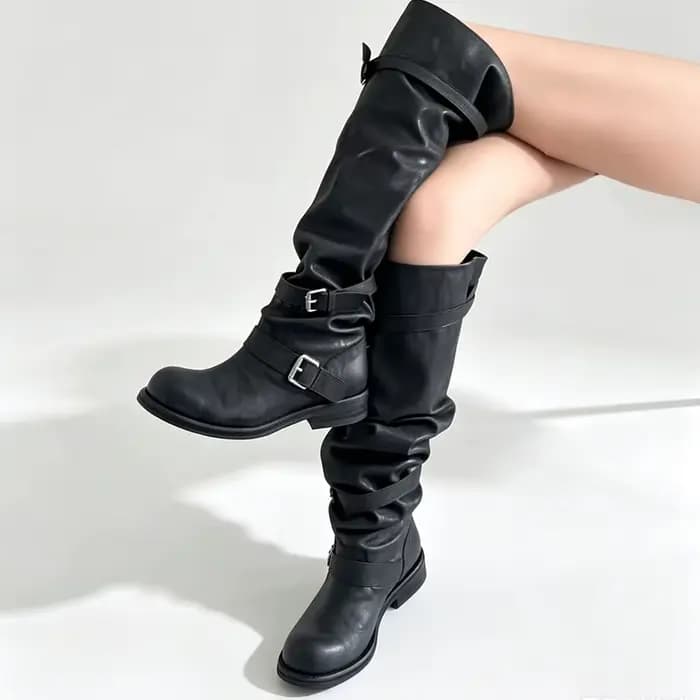 Bottes de cowboy vintage grises Y2K pour femme, avec boucle de ceinture, fronces, talon carré, noires, montantes au-dessus du genou, style motard