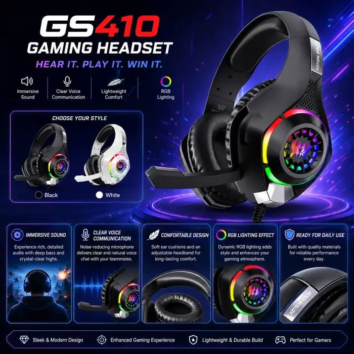 Casque de jeu GS410, casque filaire supra-auriculaire 3,5 mm RGB avec micro, basses stéréo, réduction du bruit pour PC, PS4, PS5, Xbox, ordinateur portable, jeux
