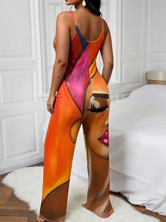 Combinaison sans manches pour femmes grandes tailles, haute élasticité, printemps/été, avec motif abstrait et bretelles spaghetti