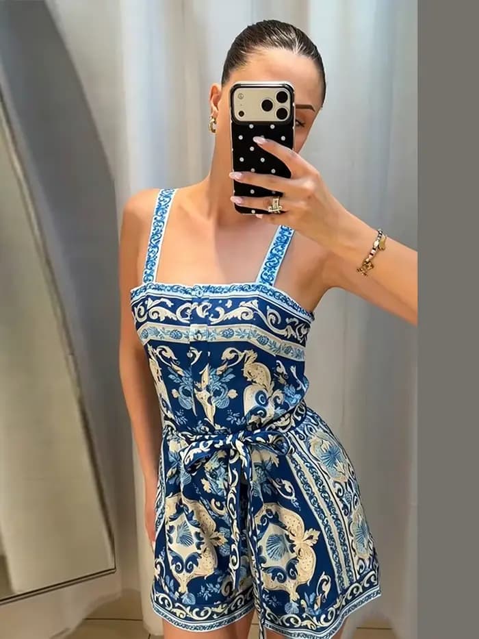 Combinaison-short en lin imprimé pour femme, à lacets, taille haute, jambes larges, nouvelle collection été 2026, chic pour les vacances