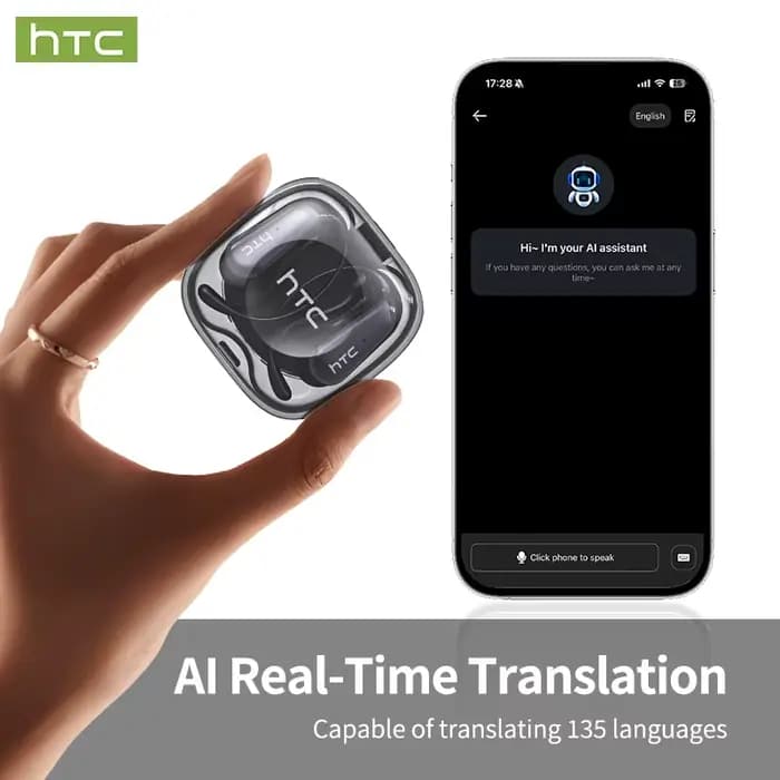 Casque Bluetooth sans fil HTC avec traduction IA, portable, faible latence, USB-C, son clair, ajustement confortable, anti-perte pour la musique et le sport