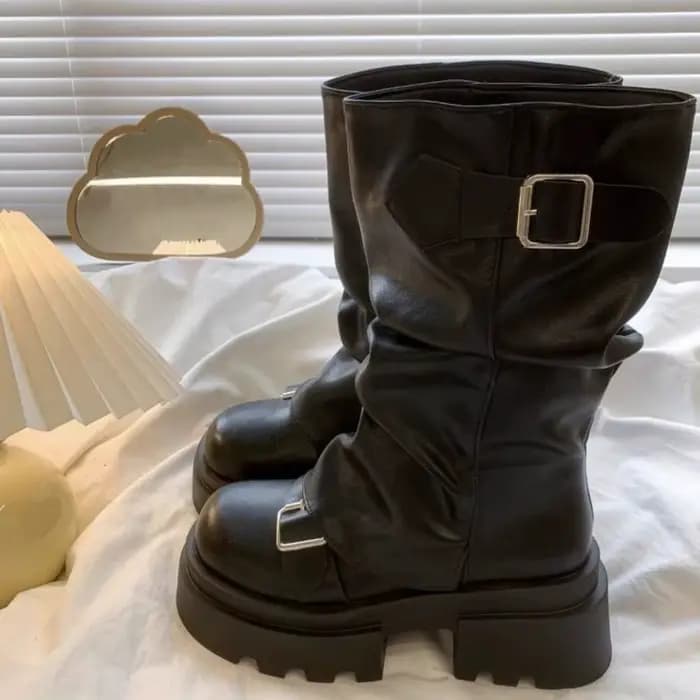 Bottines de motard à plateforme avec boucle de ceinture pour femmes