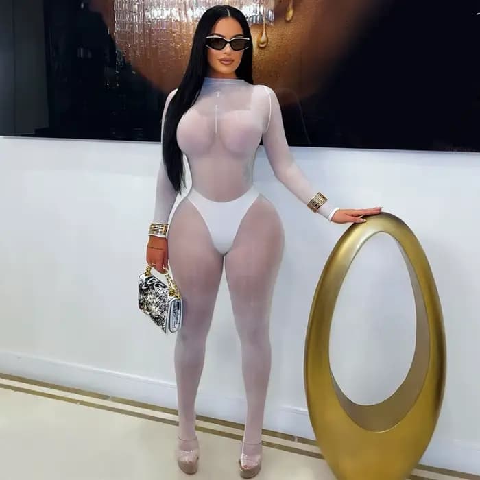 Combinaison extensible et brillante pour femmes, Sexy, qualité, bas, body transparent, manches longues, charmant, costume une pièce, vêtements de boîte de nuit