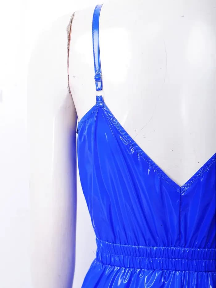 Combinaison brillante imperméable pour femme, bretelles réglables, col en V, taille élastique, jambe large, tenue de soirée, clubwear, streetwear