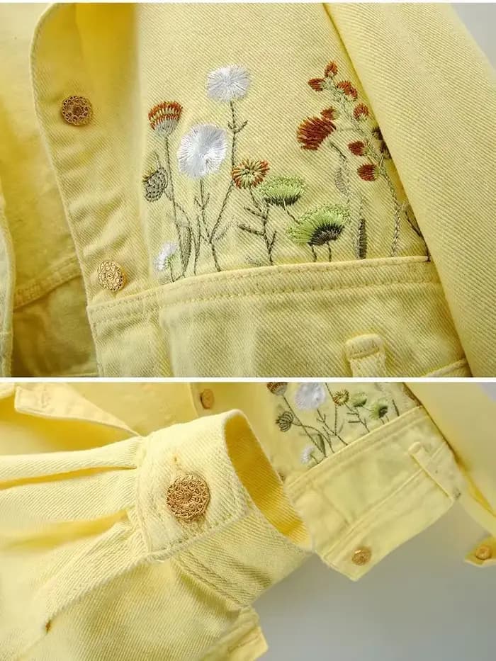 Veste en jean à manches longues brodée jaune français pour femmes printemps et automne nouveau manteau court décontracté Joker de haute qualité à la mode.