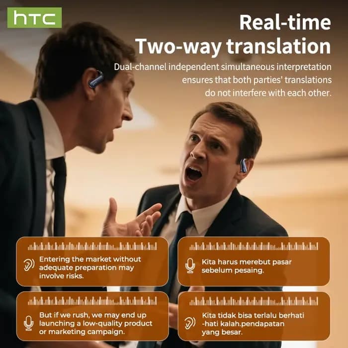 Casque Bluetooth sans fil HTC avec traduction IA, portable, faible latence, USB-C, son clair, ajustement confortable, anti-perte pour la musique et le sport