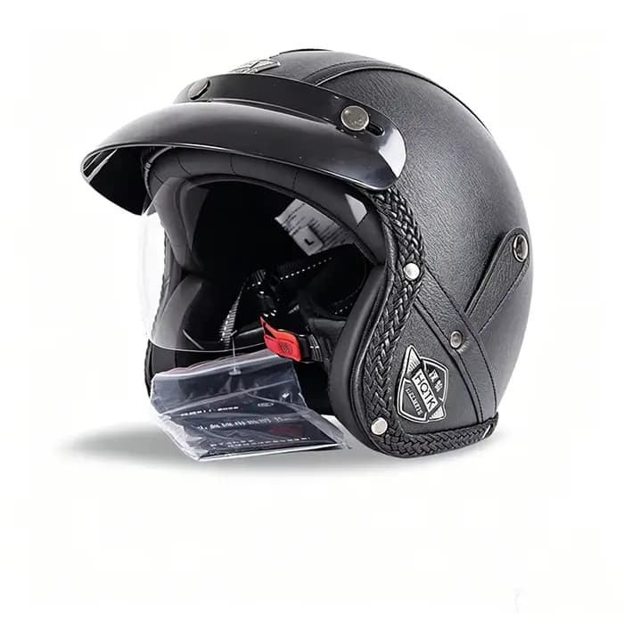 Casque de moto classique demi-face avec design en simili cuir, unisexe pour toutes les saisons