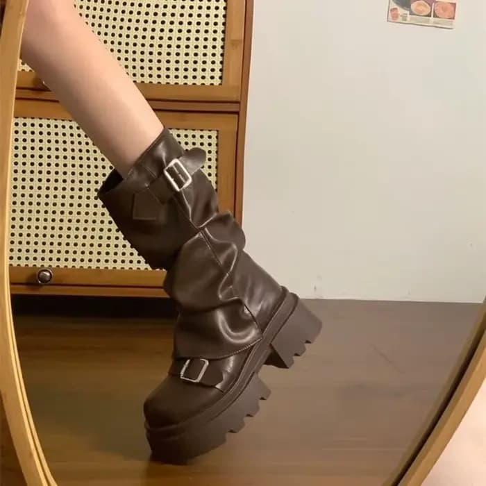 Bottines de motard à plateforme avec boucle de ceinture pour femmes