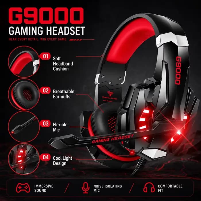 Casque de jeu filaire G9000 rouge avec micro anti-bruit, casque stéréo à basses profondes avec LED pour PC PS4 PS5 Xbox