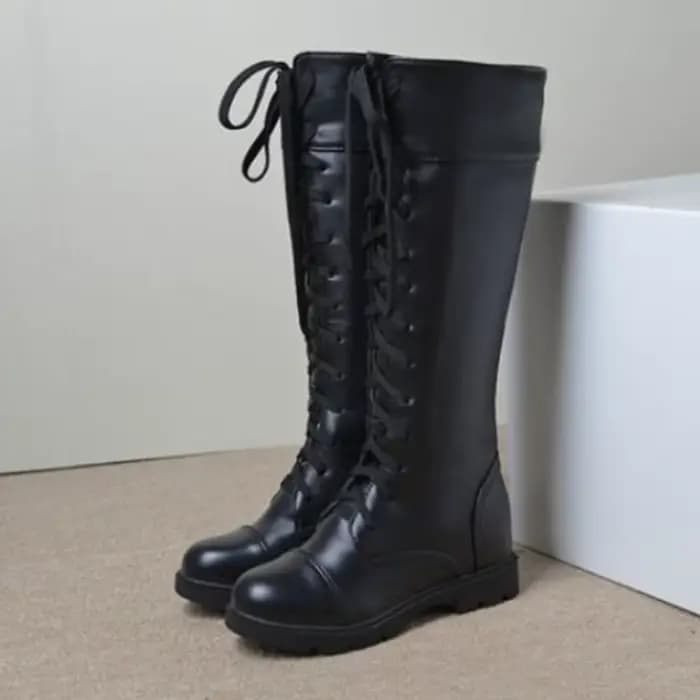 Bottes hautes à lacets pour femmes, en cuir souple, à la mode, à talons carrés blancs, en Pu, grande taille 34-43, automne
