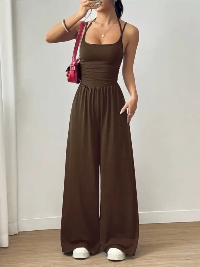 Combinaison Sexy dos nu pour femmes, couleur unie, mode, sans manches, bretelles Spaghetti, col en V, taille haute, jambes larges, pantalon pour vacances décontractées
