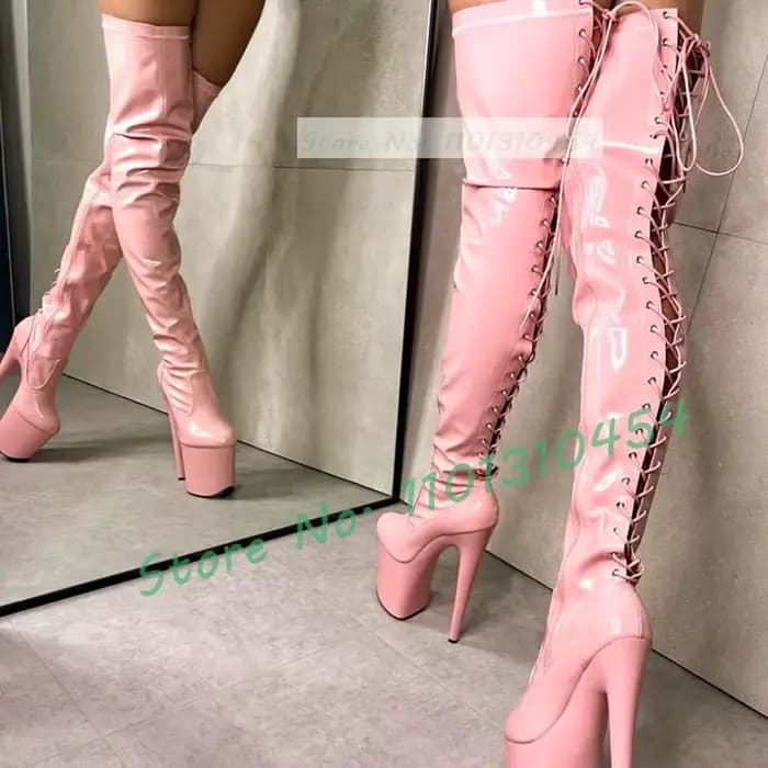 Bottes à plateforme rose en cuir verni brillant pour femmes, cuissardes minces, chaussures à lacets au dos, bout rond Girly, talons fins