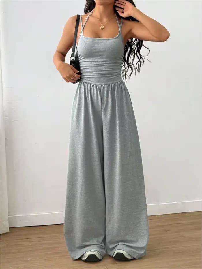 Combinaison Sexy dos nu pour femmes, couleur unie, mode, sans manches, bretelles Spaghetti, col en V, taille haute, jambes larges, pantalon pour vacances décontractées
