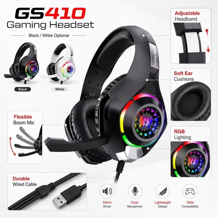 Casque de jeu GS410, casque filaire supra-auriculaire 3,5 mm RGB avec micro, basses stéréo, réduction du bruit pour PC, PS4, PS5, Xbox, ordinateur portable, jeux
