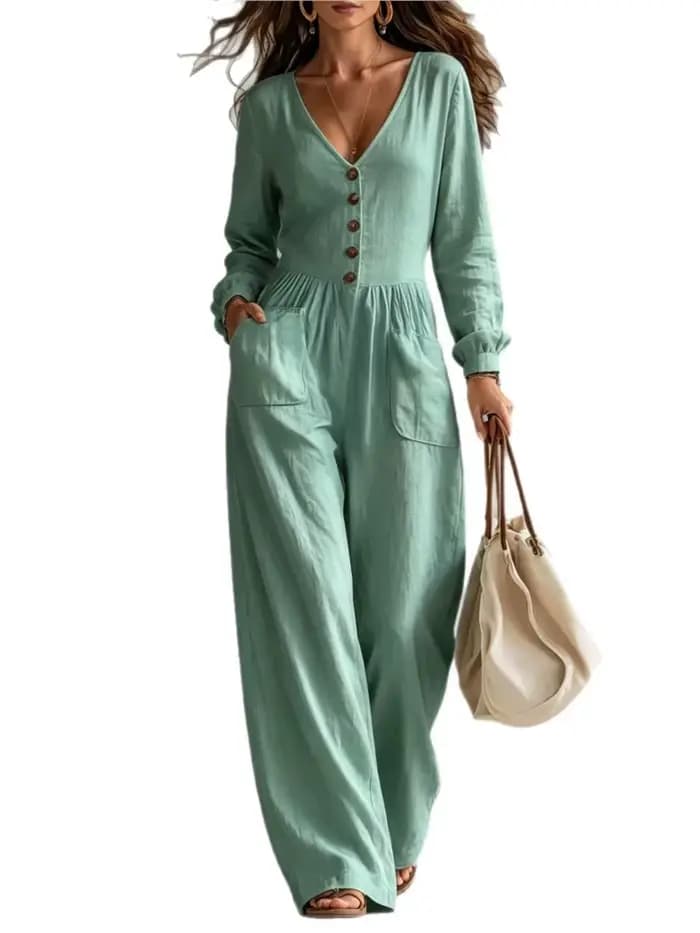 Combinaison blanche pour femme, col en V profond, manches longues, boutonnée sur le devant, jambes larges, décontractée, avec poches, tenue de plage pour les vacances