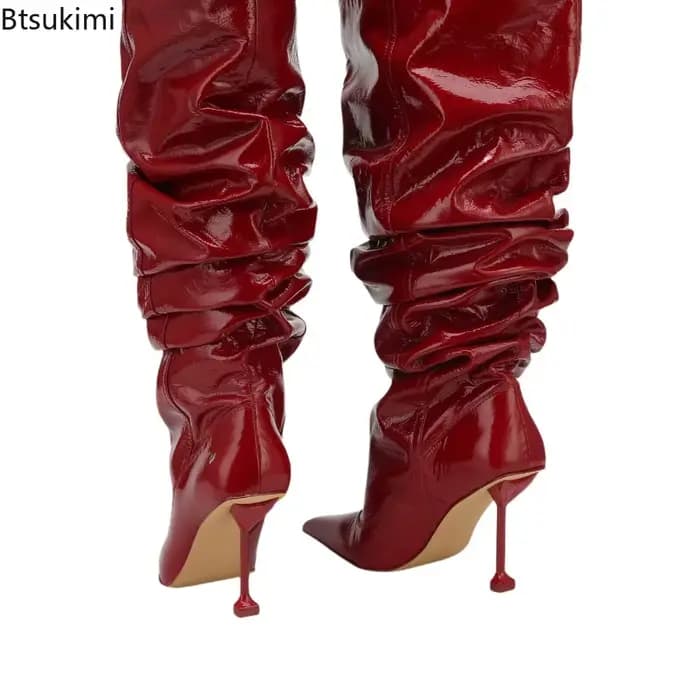 Bottes plissées à talons hauts et grands murs pour femmes, bottes mi-longues à la mode, manches pointues, printemps et automne