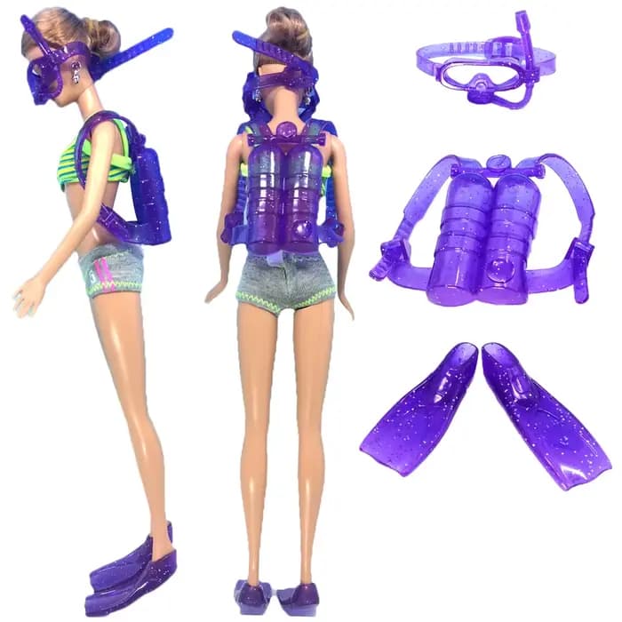 1 ensemble d'accessoires pour poupées de 11.5 pouces, pour poupées de 29 à 32CM, équipement de plongée violet, réservoir d'oxygène en plastique, lunettes de natation, pieds 1/6, cadeau