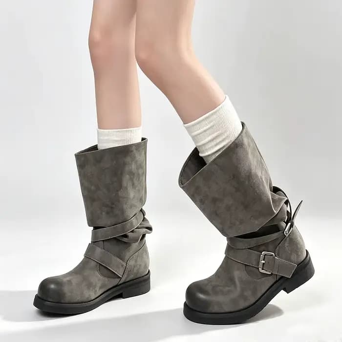 Bottes de cowboy vintage grises Y2K pour femme, avec boucle de ceinture, fronces, talon carré, noires, montantes au-dessus du genou, style motard
