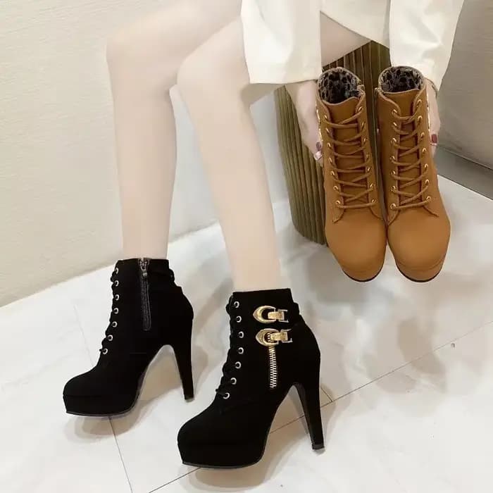 Bottes de rinçage à talons aiguilles pour femmes, bottes à lacets, fermeture à glissière latérale, plate-forme féminine, bottines courtes, document solide, mode automne, 2025