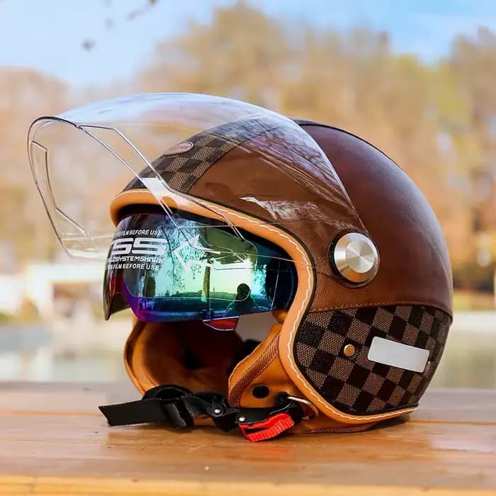 Casque ouvert casques de moto en cuir Vintage Double visière DOT approuvé rétro 3/4 Jet demi-casque avec lentille intérieure