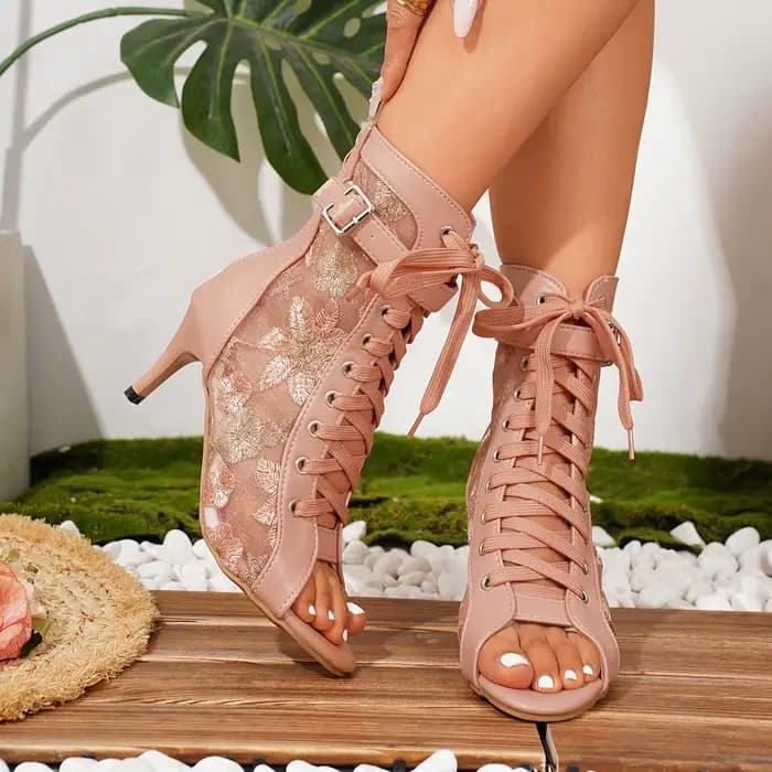 Bottines d'été à bout ouvert en dentelle pour femmes, talon fin, bottines à lacets, sandales de danse jazz à talon haut, grandes tailles