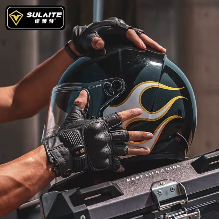 Sulaite Vintage peau de chèvre en cuir demi doigt gants de Moto rétro noir gris sans doigts