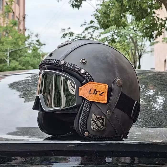 Casque de moto en cuir PU rétro 3/4