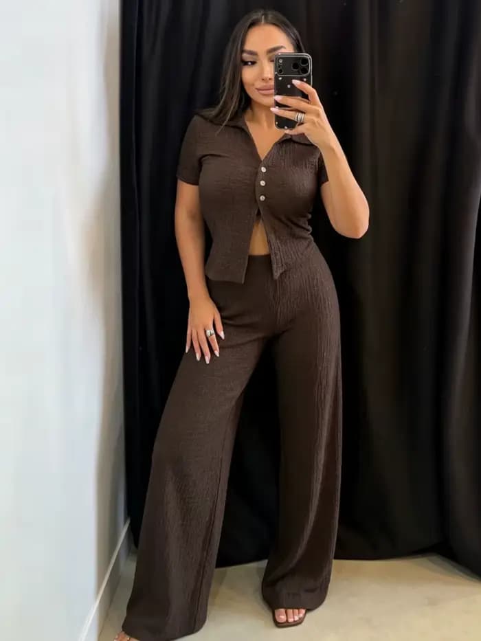 Ensemble tailleur décontracté pour femme, pantalon droit, ensemble pantalon texturé marron d'été, ensembles 2 pièces, tenues pour femme, nouveaux ensembles assortis