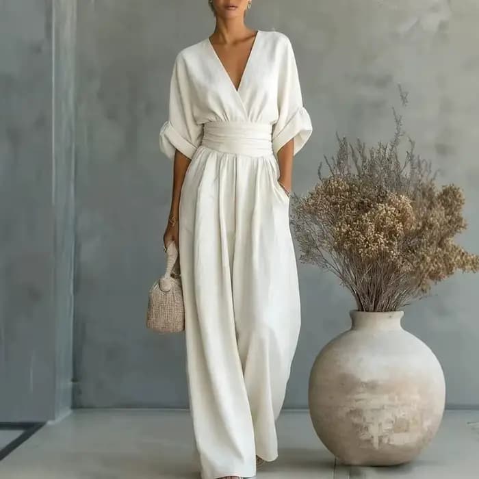 Nouvelle combinaison de sport pour femme, printemps-été, élégante, taille cintrée, col en V, pantalon large, décontractée, trois-quarts de manche, 5XL