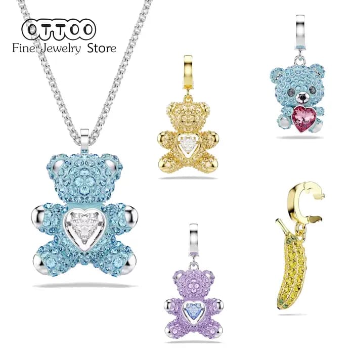 Nouvel Ensemble de Bijoux Tendance 2026 pour Femme, Breloques Ours Bleu Cristal Scintillant, Accessoires de Fête, Cadeaux Romantiques