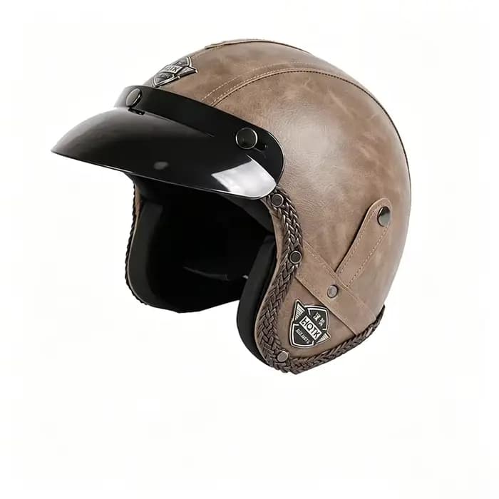 Casque de moto classique demi-face avec design en simili cuir, unisexe pour toutes les saisons
