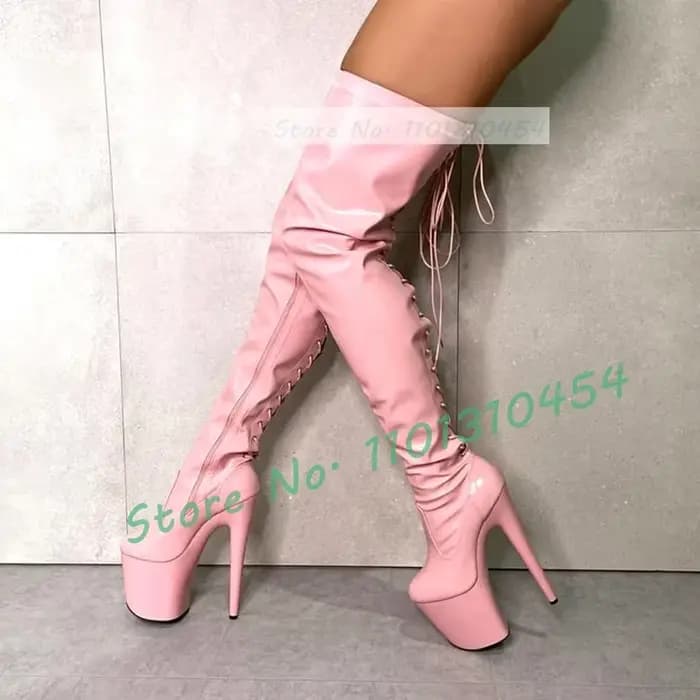 Bottes à plateforme rose en cuir verni brillant pour femmes, cuissardes minces, chaussures à lacets au dos, bout rond Girly, talons fins