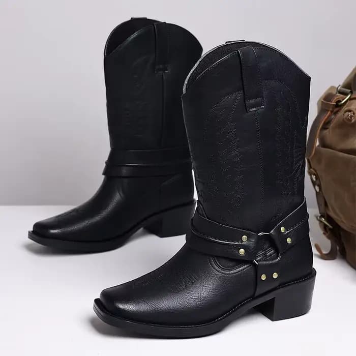 Bottes pour hommes, bottes de cowboy western rétro brodées, bottes de moto tendance pour hommes, bottes en cuir mi-mollet, Botas Masculino