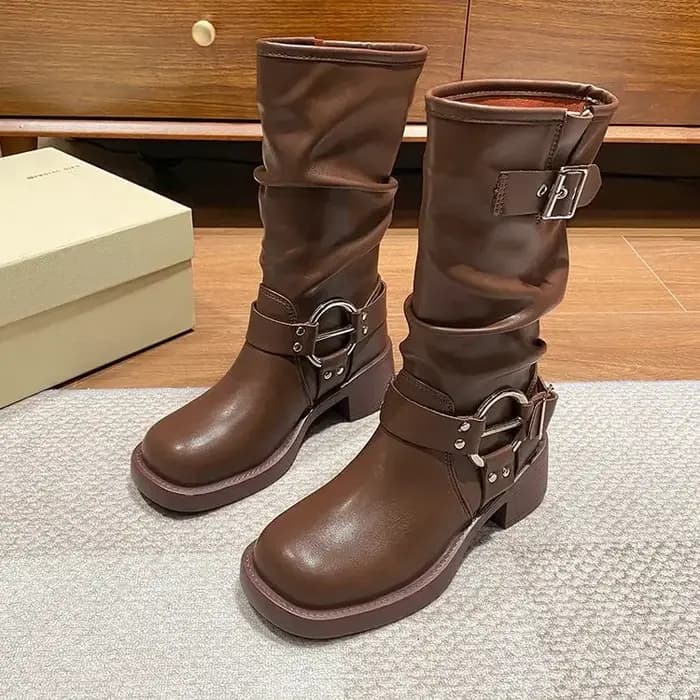 Bottes de moto rondes en cuir PU pour femmes