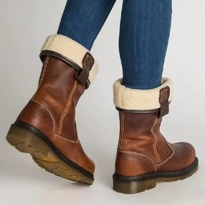 Bottes mi-mollet marron pour femmes, chaudes pour l'hiver, doublées de fausse fourrure, semelle en caoutchouc, chaussures décontractées à talon bas, bout rond, bottes à enfiler pour l'extérieur.