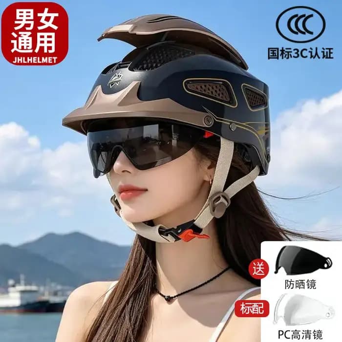 Casque de moto respirant pour l'été, casque ouvert pour hommes et femmes, double visière, demi-casque de scooter avec feux arrière